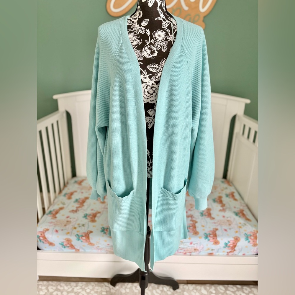 Molly & Isadora 3X spring blue open knit cardigan
